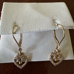 14KT Yellow Gold Elegant Gold Heart Dangling Earrings clustered with Diamonds.